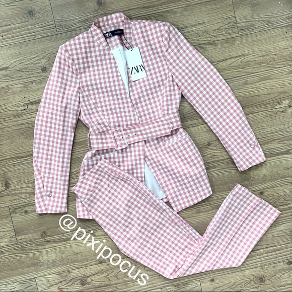 NWT Zara 2 Piece Gingham Belted Blazer + Pants SET - Picture 9 of 12